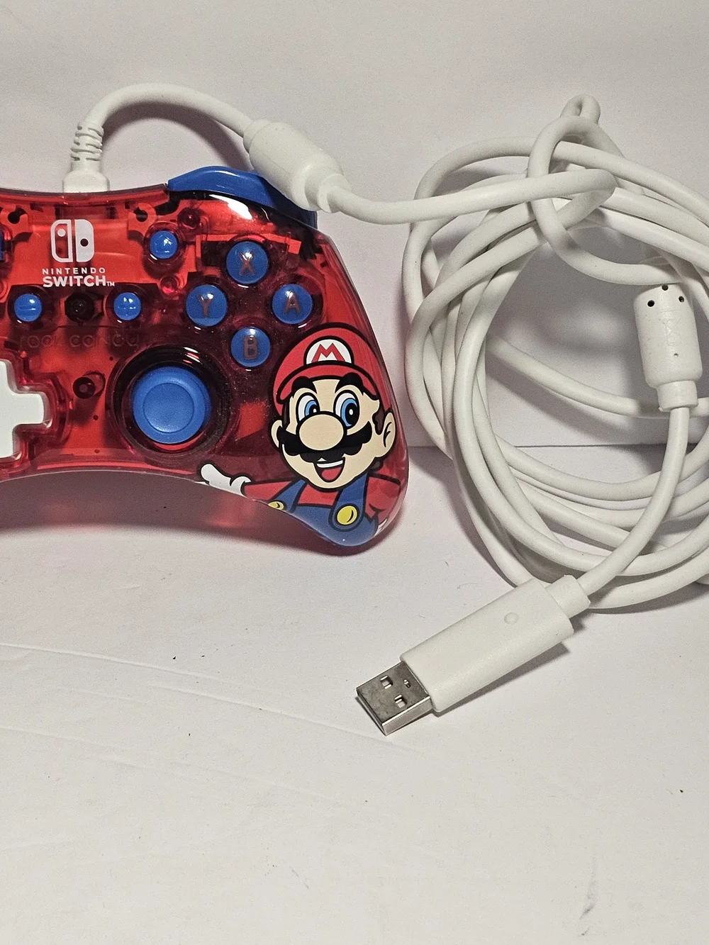 Nintendo Red Transparent Wired Controller with Blue Buttons - Super Mario